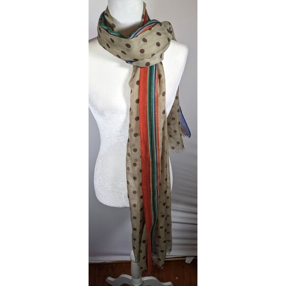 Vintage 70s Taupe Scarf With Brown Polka Dots And Rainbow Stripes - Picture 6 of 8